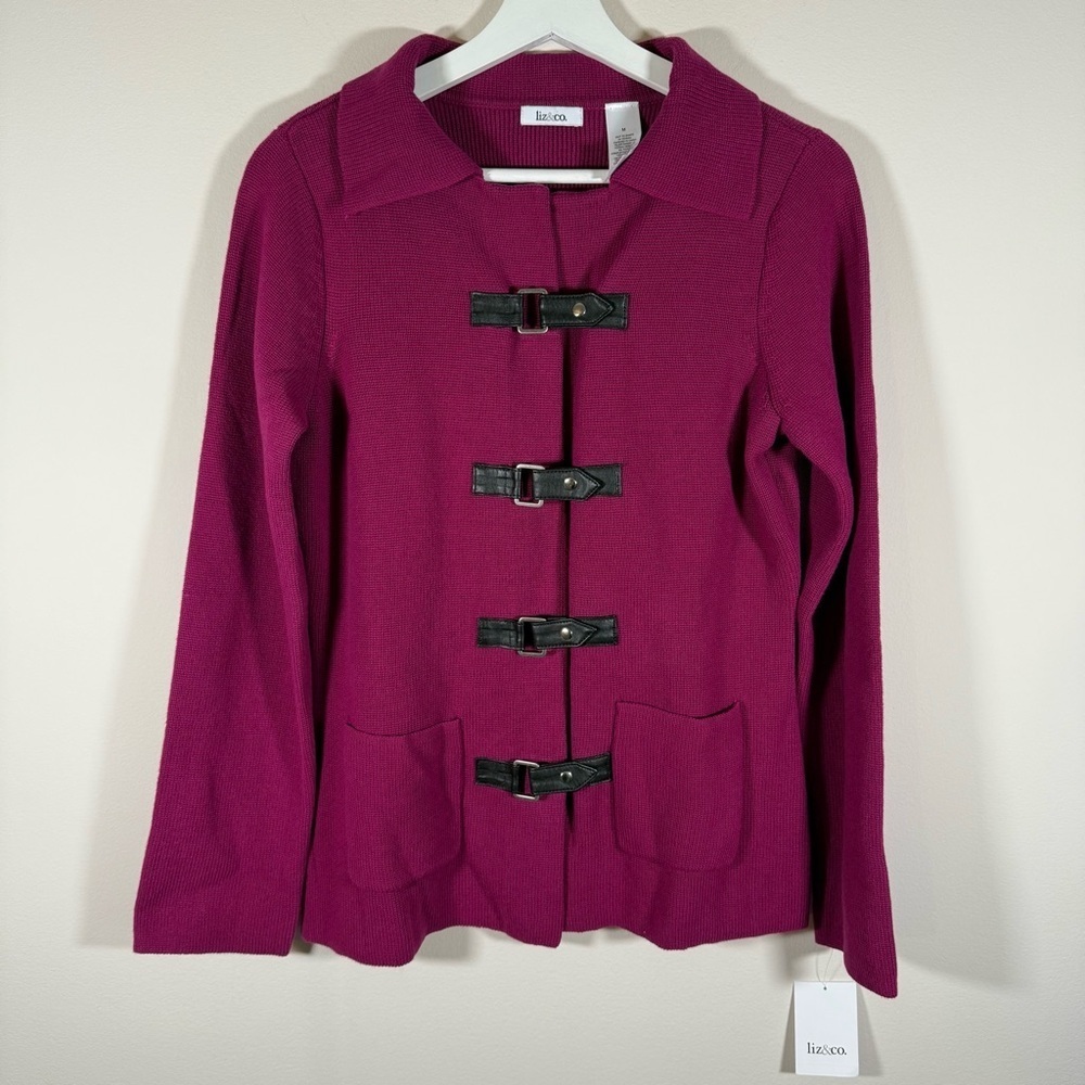NWT Liz&Co. Y2K Women’s Magenta Knit Sweater Jacket Leather Accents M - Picture 1 of 10